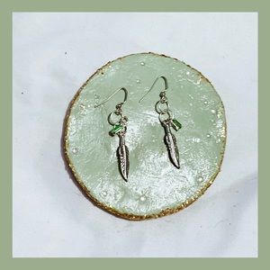 SOLD! Handcrafted Boho Sterling Silver Feather Earrings with Green Charm